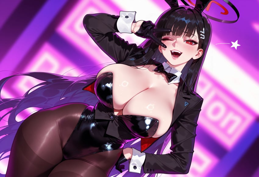 1girl 1girls ;d ai_generated alternate_costume animal_ears balecxi bangs black_bow black_bowtie black_gloves black_hair black_jacket black_legwear black_leotard black_pantyhose blue_archive blurry_background blush bow bowtie breasts bunny_ears bunnysuit cleavage clothing cropped_jacket curvaceous curvaceous_female curvaceous_figure curvy curvy_figure detached_collar dutch_angle fake_animal_ears female female_focus gloves hair_ornament hairclip halo hand_on_own_hip highleg highleg_leotard inviting inviting_to_sex jacket large_breasts legwear leotard long_hair long_sleeves looking_at_viewer neckwear neon_lights one_eye_closed open_mouth pantyhose playboy_bunny presenting presenting_ass presenting_breasts presenting_hindquarters presenting_self rabbit_ears red_eyes rio_(blue_archive) seductive seductive_look seductive_smile smile solo star_(symbol) strapless strapless_leotard teeth thighs tsukatsuki_rio v very_long_hair voluptuous voluptuous_female wrist_cuffs