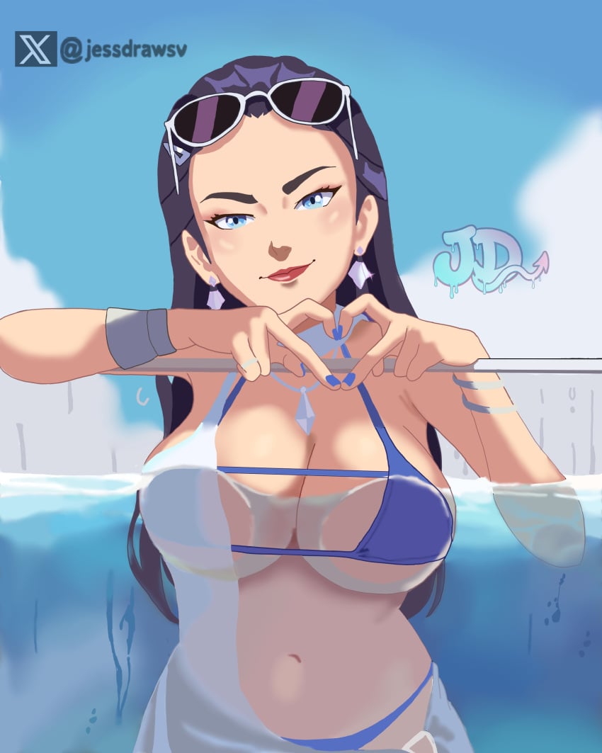 2xko big_boobs big_breasts bikini blue_eyes blue_hair caitlyn_(league_of_legends) caitlyn_kiramman collar digital_media_(artwork) earrings heart_hands jessdraws league_of_legends riot_games sunglasses_on_head sweat underwater