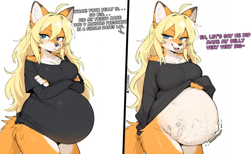 ai_assisted ai_generated anthro bone_imprints bones_in_stomach fox furry huge_breasts hyper_belly kitsune reaching_towards_viewer vore
