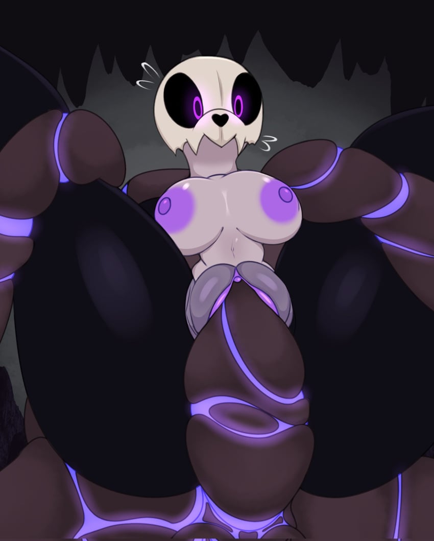 ambiguous_species anthro areola big_areola big_breasts big_nipples black_background black_body black_sclera bone breasts cave duo eevilish fangs female genitals glowing glowing_eyes grey_background hi_res humanoid leg_grab male male/female navel nipples pale_body penetration penis plump_labia purple_areola purple_eyes purple_nipples purple_pussy pussy sex simple_background skull skull_head vaginal_penetration vaginal_penetration