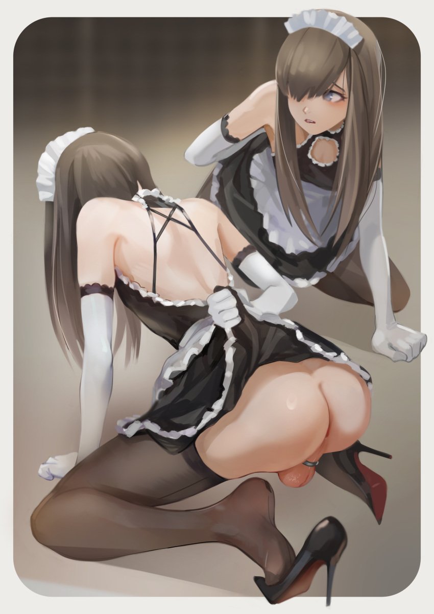 1boy absurd_res anus apron armwear ass back balls chastity chastity_cage cleavage cock_ring crossdressing dress elbow_gloves eyelashes eyeliner femboy flat_chest frills girly heels hi_res high_heels high_resolution legwear lingerie lipstick long_hair maid maid_headdress maid_uniform makeup male male_only no_panties original presenting presenting_ass presenting_balls skirt skirt_lift solo solo_male source_request steamed_egg stockings testicles thighhighs thighs trap