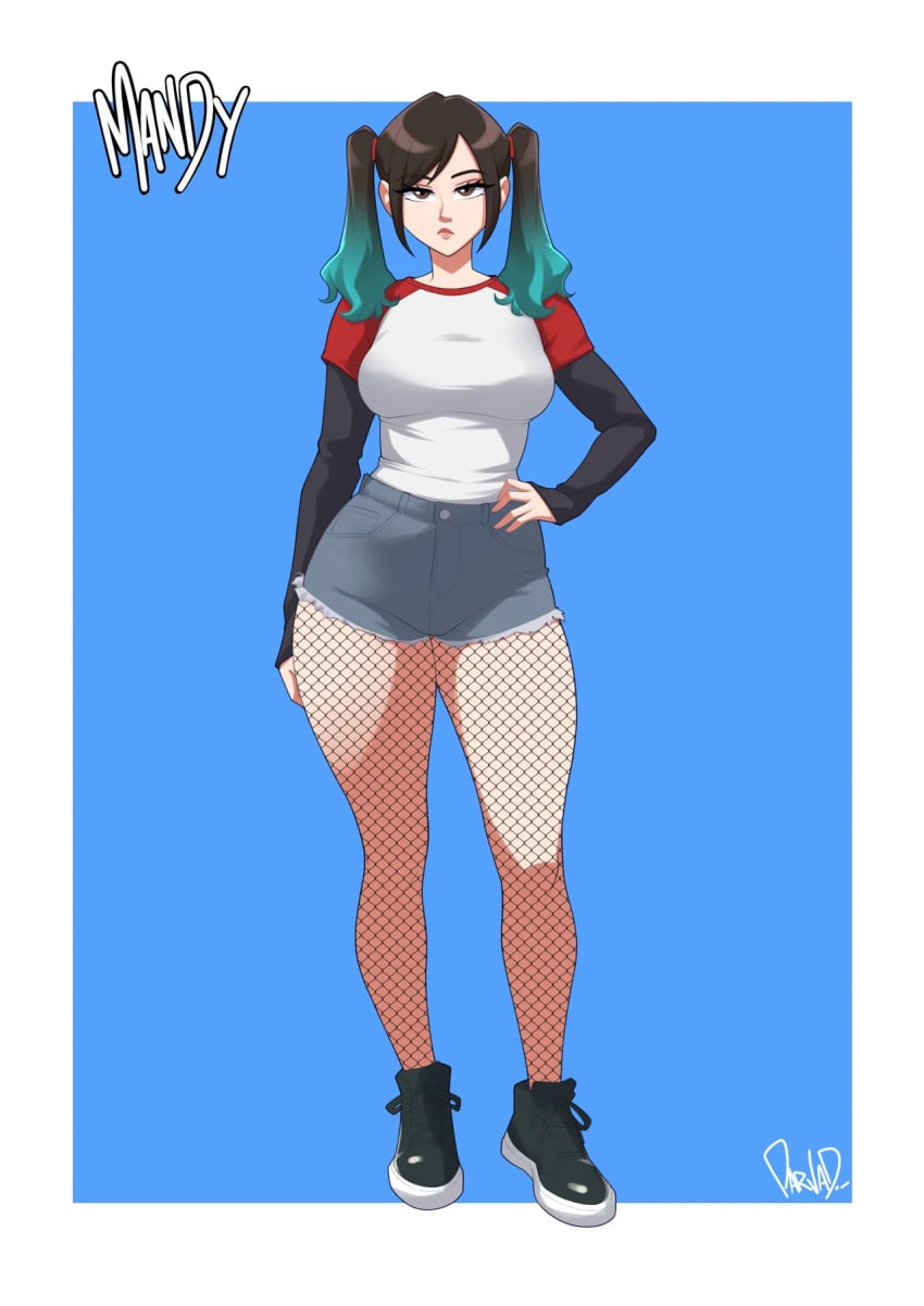 big_breasts black_hair blue_hair brown_eyes looking_at_viewer original original_character parvad shirt simple_background thick_thighs