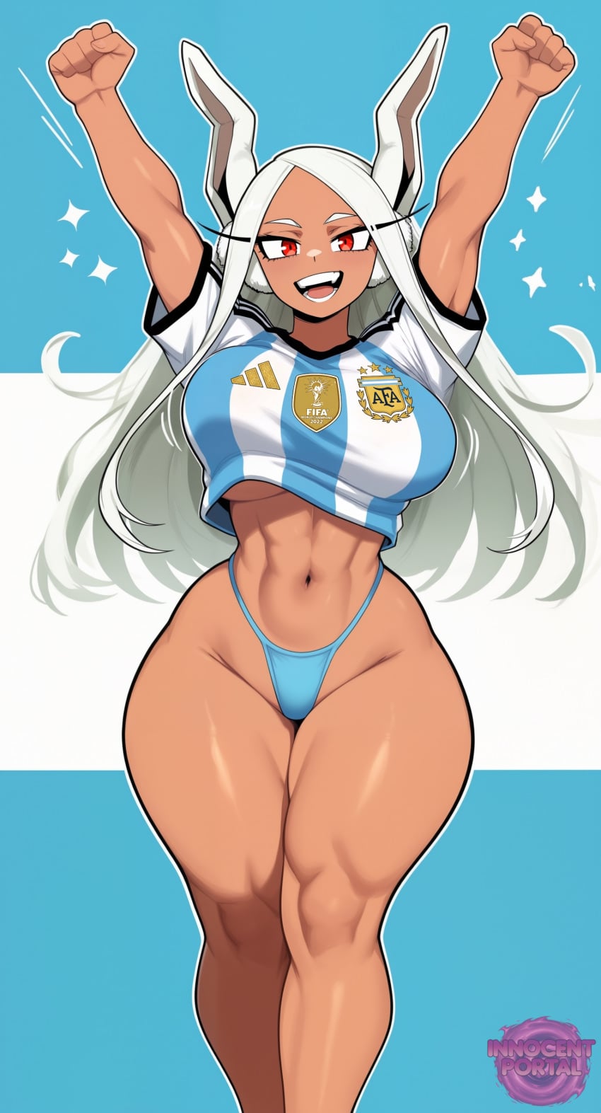 abs ai_generated argentina argentinian arms_up big_breasts blue_thong boku_no_hero_academia bouncing bouncing_breasts busty cheering cyan_thong dark_skin dark_skinned_female fanart fifa_soccer football football_uniform humanoid jorgecarlosai jumping legs light_blue_thong long_hair mirko miruko muscular muscular_female my_hero_academia quirk_(mha) quirked_human_(my_hero_academia) rabbit rabbit_ears rabbit_girl rabbit_humanoid red_eyes rumi_usagiyama sexy shirt short_shirt smile soccer soccer_uniform thick thick_legs thick_thighs thighs thong thong_panties toned toned_arms toned_body toned_female toned_legs two_tone_shirt usagiyama_rumi vertical_stripes watermark white_hair world_cup