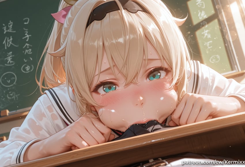 1boy 1girl :>= ai_generated aqua_eyes black_hairband blonde_hair blue_eyes blush bulge chalkboard classroom clenched_hands crossed_bangs deepthroat desk erection erection_under_clothes fellatio hair_between_eyes hairband hetero indoors kazama_iroha kermixx lips long_hair long_sleeves looking_at_viewer oral penis ponytail pov sailor_collar saliva school school_desk school_uniform shirt solo_focus sweat tearing_up tears under_table virtual_youtuber white_sailor_collar white_shirt