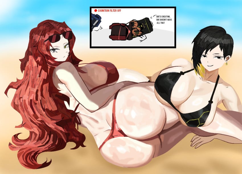 1boy 2girls beach big_ass big_breasts big_tits bikini binah black_hair booty butt_crack different_eye_color ear_piercing eyewear_on_head fake_breasts gebura_(lobotomy_corporation) huge_ass library_of_ruina lobotomy_corporation long_hair looking_back ocean paul_camadonnas project_moon red_bikini red_hair sand smirking sunglasses thick_female