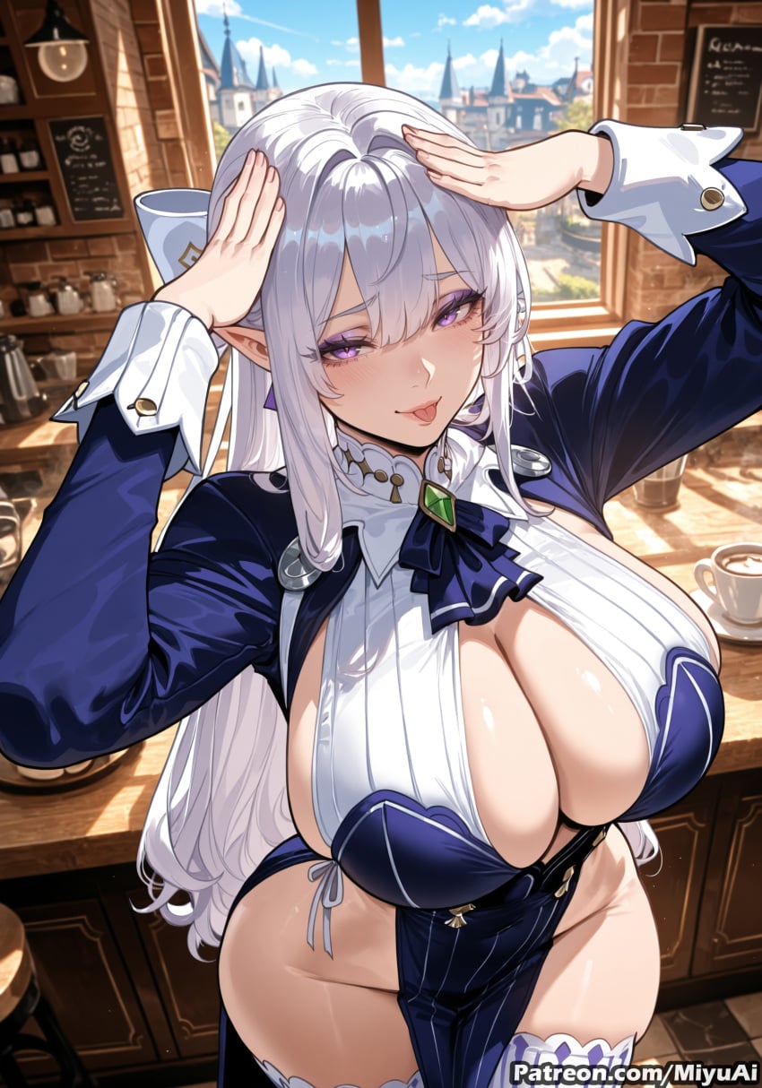 1girl ai_assisted ai_generated arms_up bangs blush breast_curtains breasts cleavage curvaceous curvy curvy_female curvy_figure elf female large_breasts long_hair long_sleeves looking_at_viewer miyuai pointy_ears purple_eyes silver_hair smile solo thick thick_ass thick_butt thick_hips thick_legs thick_thighs thighhighs thighs tongue tongue_out underboob underboob_cutout velina_airgid voluptuous voluptuous_female wide_hips wide_thighs zenless_zone_zero