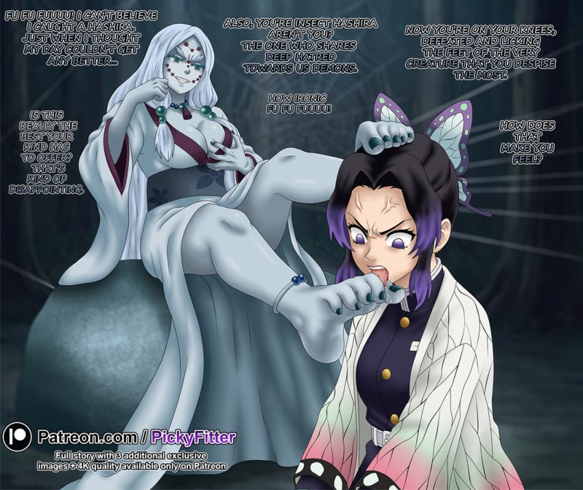 angry angry_expression angry_face bdsm big_boobs big_breasts blackmail blue_hair demon_slayer dialogue dress feet feet_female feet_focus feet_licking foot foot_fetish foot_lick foot_on_head foot_worship forced forest grabbing_breast grabbing_breasts kimetsu_no_yaiba kneeling kochou_shinobu licking licking_feet licking_foot mad monologue mother_spider_demon on_knees purple_eyes purple_hair revenge sitting sitting_on_rock toes tonge_out tongue unwanted webs yuri
