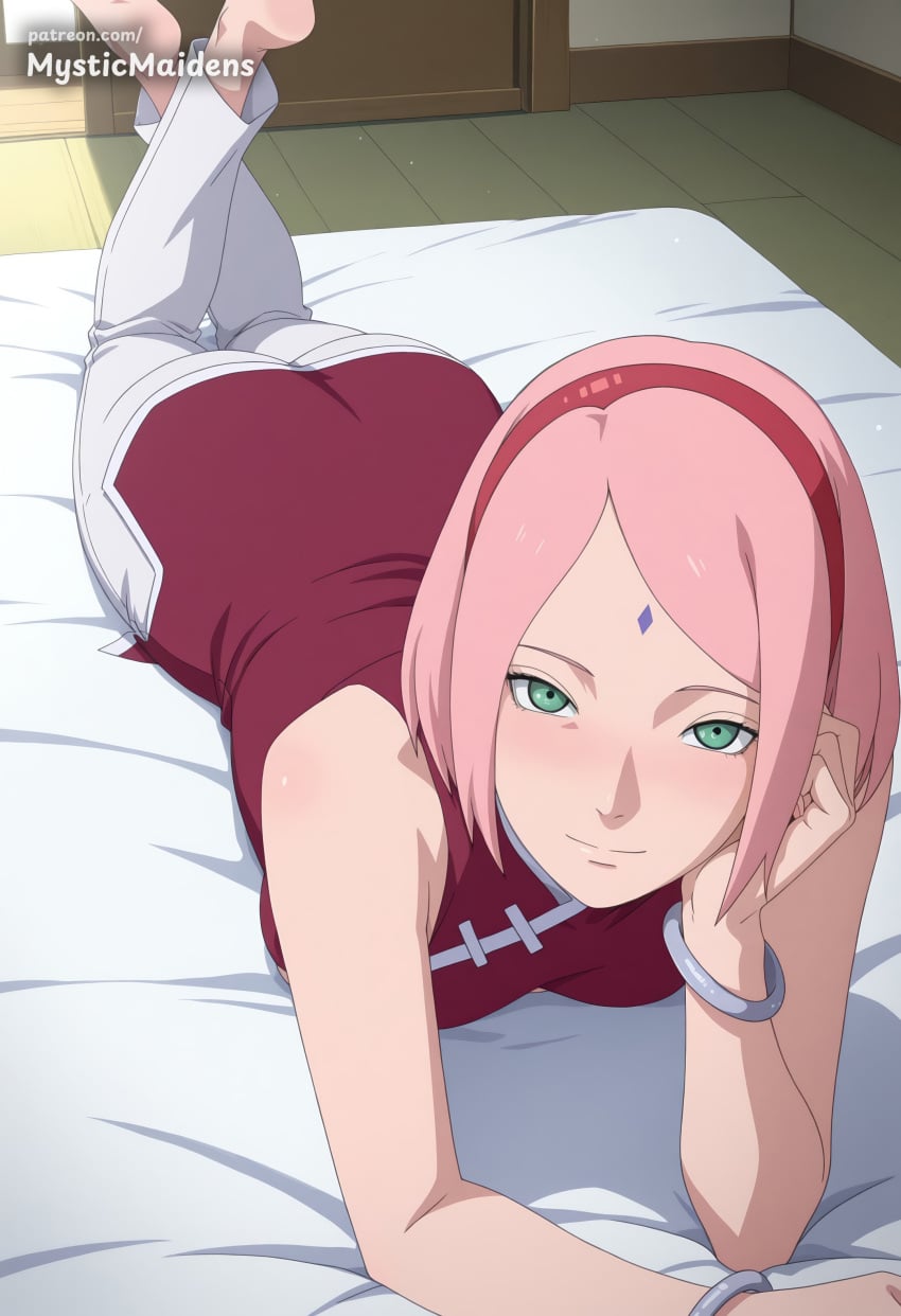 1girl ai_generated anime anime_style ass barefoot blush boruto boruto:_naruto_next_generations bracelet breasts closed_mouth facial_mark forehead_mark green_eyes hairband haruno_sakura hentai hi_res indoors jewelry looking_at_viewer lying medium_breasts mystic_maidens naruto naruto_(classic) naruto_(series) naruto_shippuden on_stomach pants patreon patreon_username pink_hair red_hairband sakura_haruno shirt short_hair sleeveless smile solo the_pose web_address