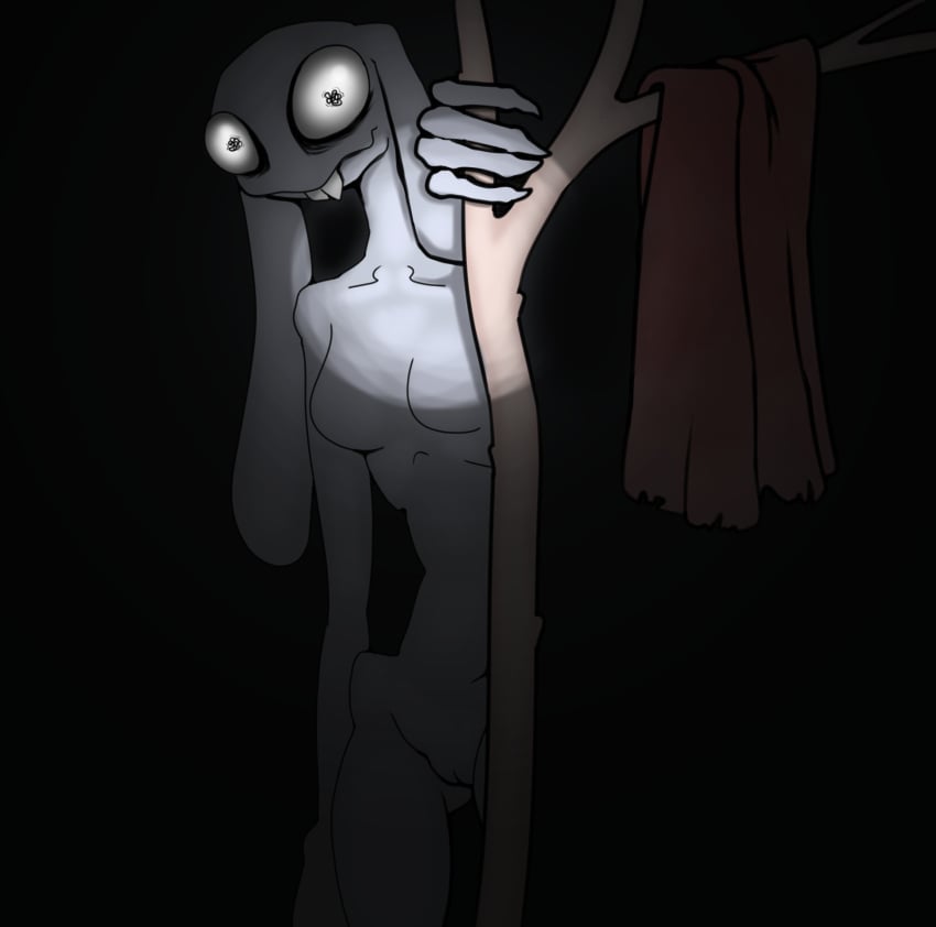 animal_humanoid bogbun breasts buckteeth claws clothing dark disappearing dress emaciated featureless_breasts female fur genitals hi_res humanoid humanoid_genitalia humanoid_vulva innie_vulva lagomorph light long_ears mammal night nude plant red_clothing red_dress removed_clothing scribble_eyes slim small_waist solo teeth torn_clothing tree vulva white_body white_fur wide_eyed