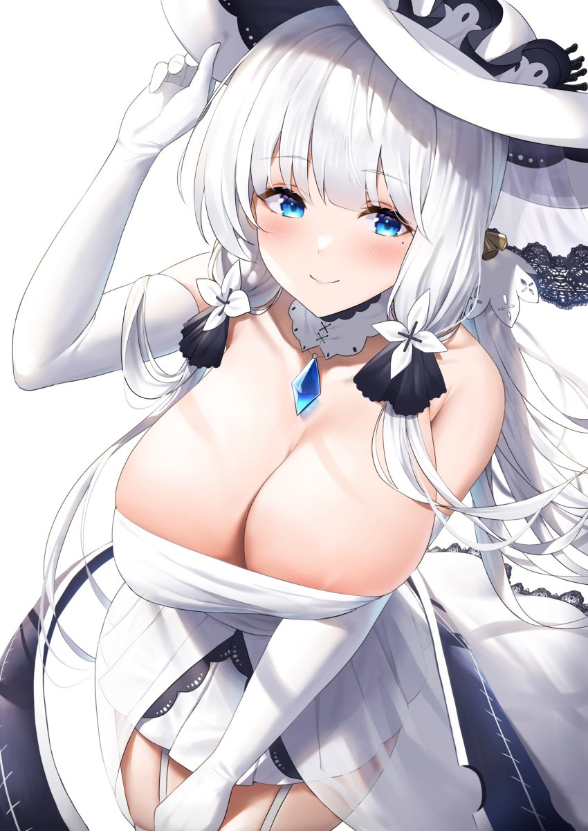 1girls azur_lane bangs blue_eyes blush breasts cleavage dress elbow_gloves futon_fly_away garter_straps hair_ornament hat highres huge_breasts illustrious_(azur_lane) long_hair looking_at_viewer mole mole_under_mouth no_bra simple_background solo standing thighhighs thighs white_background white_dress white_hair