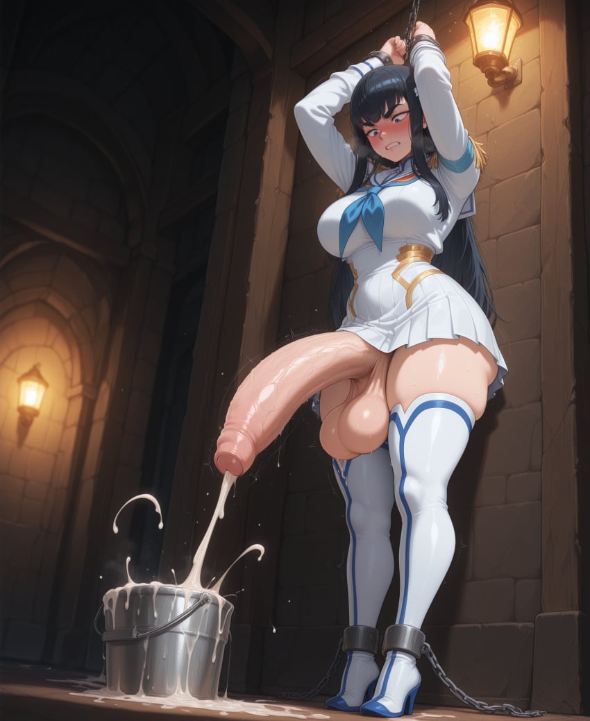 ai_art ai_generated balls ballsack black_hair blue_eyes blunt_bangs bondage bound bound_ankles bound_wrists bucket bucket_of_cum busty chain_bondage chained_up chains civitai clenched_teeth cock cum cum_drip cum_explosion cum_string cumming cumshot curvy curvy_figure dickgirl dickgirl_focus flustered foreskin futa_focus futanari hands_above_head hands_tied heavy_blush hi_res high_quality high_resolution highres huge_cock kill_la_kill kiryuuin_satsuki patreon penis self_upload stable_diffusion standing stationary_restraints uncensored uncircumcised uncut upscaled voluptuous voluptuous_futa yuckle