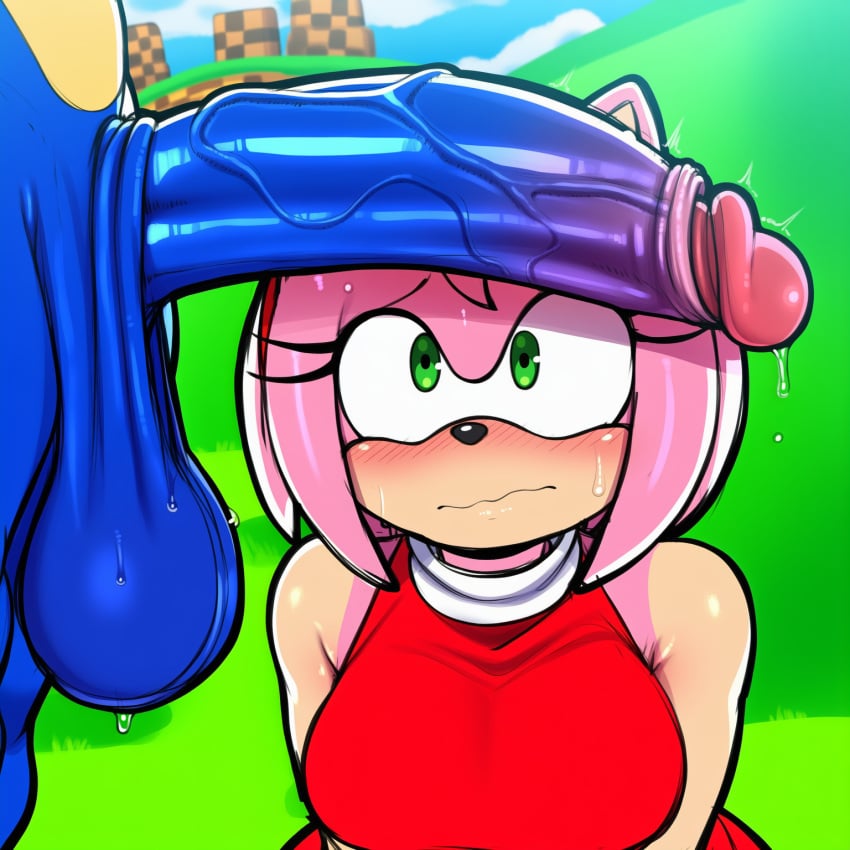 1boy 1girl ai_art ai_assisted ai_generated amy_rose big_penis blush cum_on_face day forehead grass heart_shaped_pupils huge_penis looking_up madroshi novelai outdoors penis penis_on_face precum shiny_skin sonic_(series) sonic_the_hedgehog sonic_the_hedgehog_(idw) sonic_the_hedgehog_(series) sweat