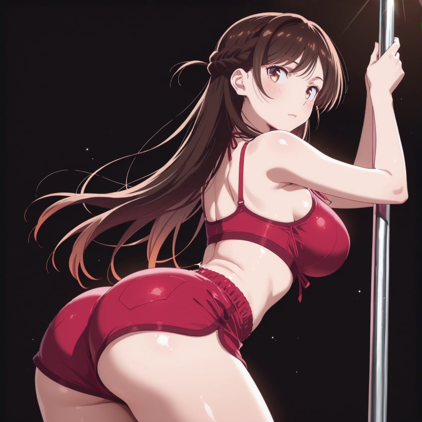 aesthetic ai_generated big_breasts big_butt blacked blacked_clothing embarrassed female high_quality high_resolution highres kanojo_okarishimasu large_ass large_breasts mizuhara_chizuru pole pole_dancing sexy_female shy_smile simple_background strip_club stripper_pole telegram