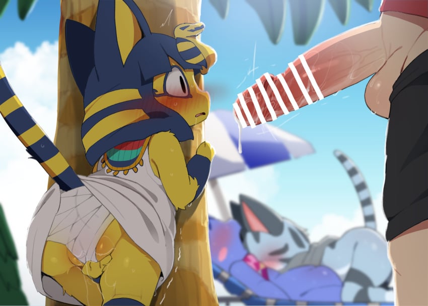 after_sex animal_crossing ankha_(animal_crossing) anthro balls blush bodily_fluids butt censored clitoral clitoral_masturbation clitoral_rubbing clothed clothing dagasi domestic_cat dress erection felid feline felis female fur genital_fluids genitals group human human_on_anthro interspecies lolly_(animal_crossing) looking_at_another male male/female mammal masturbation nintendo panties penis raised_tail rosie_(animal_crossing) shocked size_difference stripes sweat tail underwear villager_(animal_crossing)