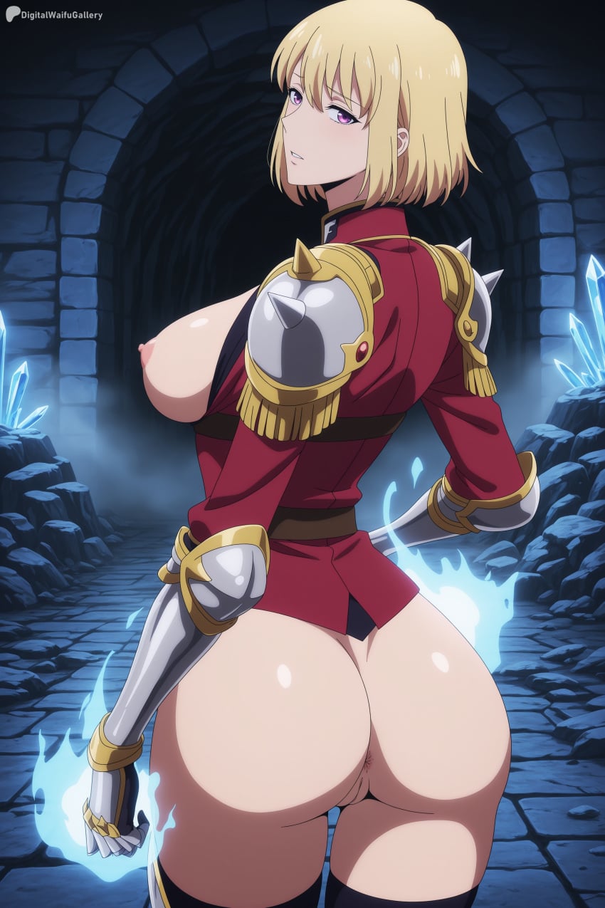 1girl ai_generated anus armor ass black_thighhighs blonde_hair bottomless breasts breasts_out cha_hae_in cowboy_shot digitalwaifugallery epaulettes from_behind gauntlets hi_res high_quality high_resolution jacket large_breasts looking_at_viewer looking_back nipples parted_lips patreon patreon_username pauldrons purple_eyes pussy red_jacket seductive sexy short_hair shoulder_armor solo solo_leveling standing thighhighs uncensored watermark