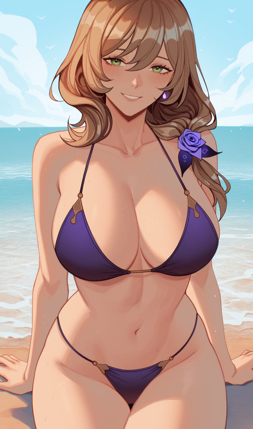 1girls ai_generated beach big_breasts bikini female_only genshin_impact lisa_(genshin_impact) sky smile