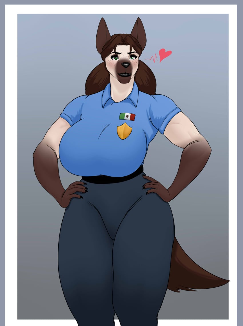 absurd_res anthro big_breasts breasts canid canine canis clothed clothing colored domestic_dog female fur furry furry_only hands_on_hips heart hi_res looking_at_viewer mammal maria_(pancarta) mexican_flag pancarta police_badge police_officer police_uniform portrait solo standing tail three-quarter_portrait uniform