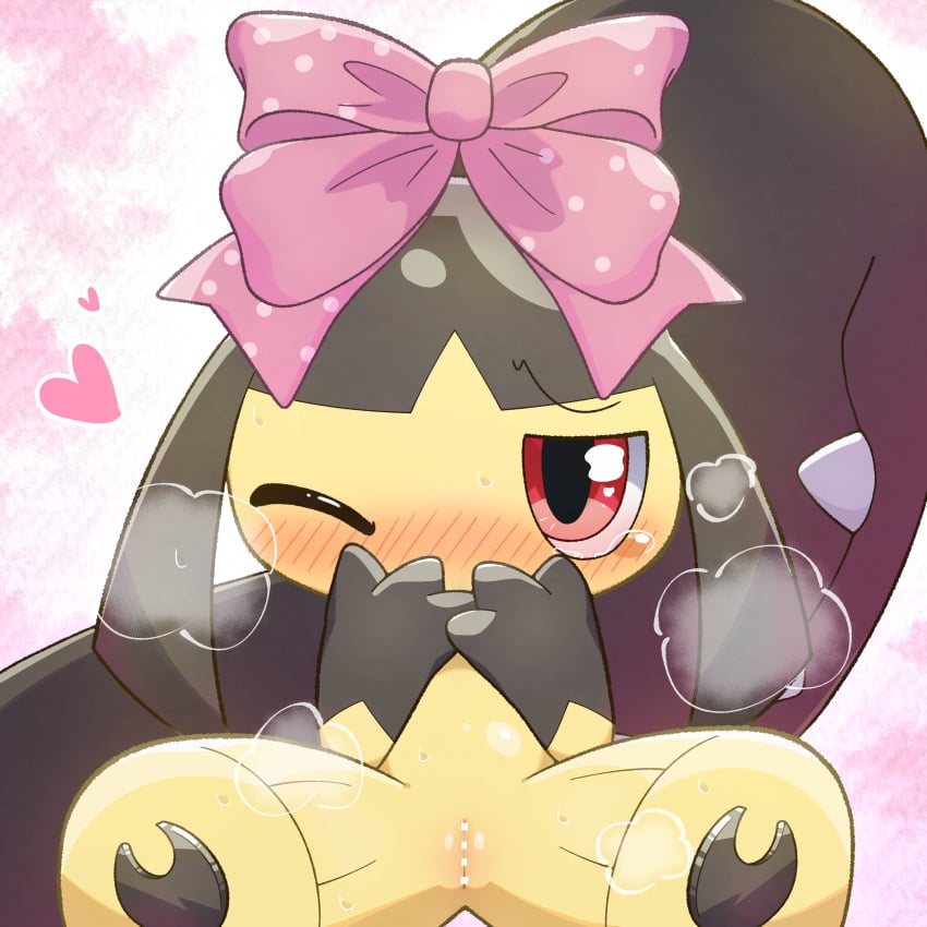 1:1 2026 absurd_res black_body blush blushing_profusely bow_on_head breath cel_shading censor_bar censored censored_genitalia censored_vulva covering covering_mouth covering_own_mouth covering_self digital_drawing_(artwork) digital_media_(artwork) female female_humanoid front_view generation_3_pokemon genitals gloves_(marking) heart_reaction hi_res humanoid looking_at_viewer lucky777 markings mawile multicolored_body nintendo one_eye_closed overbite pokemon pokemon_(species) red_eyes shaded sitting solo two_tone_body vulva yellow_body
