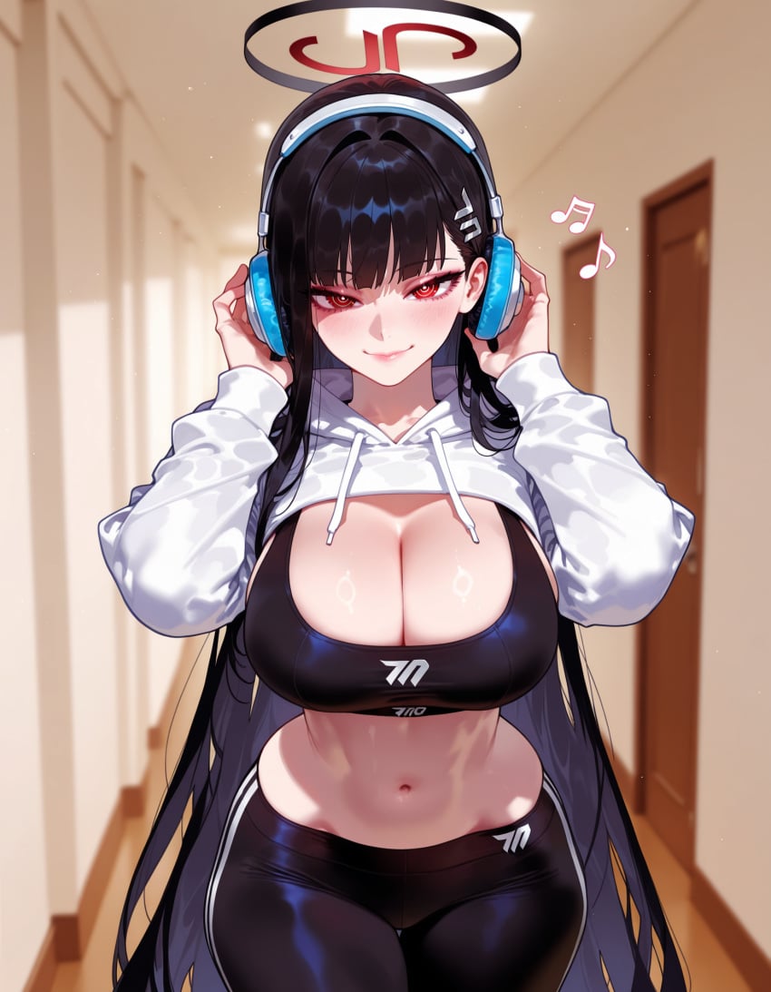 1girl 1girls ai_generated alternate_costume balecxi bangs black_bra black_hair black_pants black_sports_bra blue_archive blunt_bangs blurry_background blush bra breasts cleavage closed_mouth clothing cowboy_shot cropped_hoodie curvaceous curvaceous_female curvaceous_figure curvy curvy_figure drawstring female female_focus hair_ornament hairclip hallway halo headphones hood hoodie indoors inviting inviting_to_sex large_breasts leggings long_hair long_sleeves looking_at_viewer midriff musical_note navel pants presenting presenting_breasts presenting_self red_eyes rio_(blue_archive) seductive seductive_look seductive_smile smile solo sports_bra stomach thighs tight_pants tsukatsuki_rio underwear very_long_hair voluptuous voluptuous_female white_hoodie yoga_pants