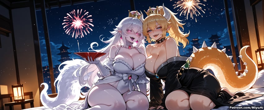 2girls ai_assisted ai_generated armlet asymmetrical_docking bangs bare_shoulders black_collar black_dress black_nails blonde_hair blue_eyes blush boosette bowsette bracelet breast_press breasts brooch cleavage collar collarbone crown curvaceous curvy curvy_female curvy_figure dress earrings elbow_gloves eyebrows_visible_through_hair female fireworks frilled_dress frilled_gloves frills gem gloves half-closed_eyes high_ponytail horns huge_breasts jewelry long_hair long_ponytail looking_at_viewer mario_(series) miyuai multiple_girls night night_sky open_mouth overalls pale_skin pointy_ears ponytail princess_king_boo red_eyes sharp_fingernails sharp_teeth shiny shiny_skin sidelocks sitting sky spiked_armlet spiked_bracelet spiked_collar spiked_shell spiked_tail spikes strapless strapless_dress super_crown symmetrical_docking tail teeth thick thick_ass thick_butt thick_hips thick_legs thick_thighs thighs tongue tongue_out turtle_shell very_long_hair voluptuous voluptuous_female white_dress white_gloves wide_hips wide_thighs yuri