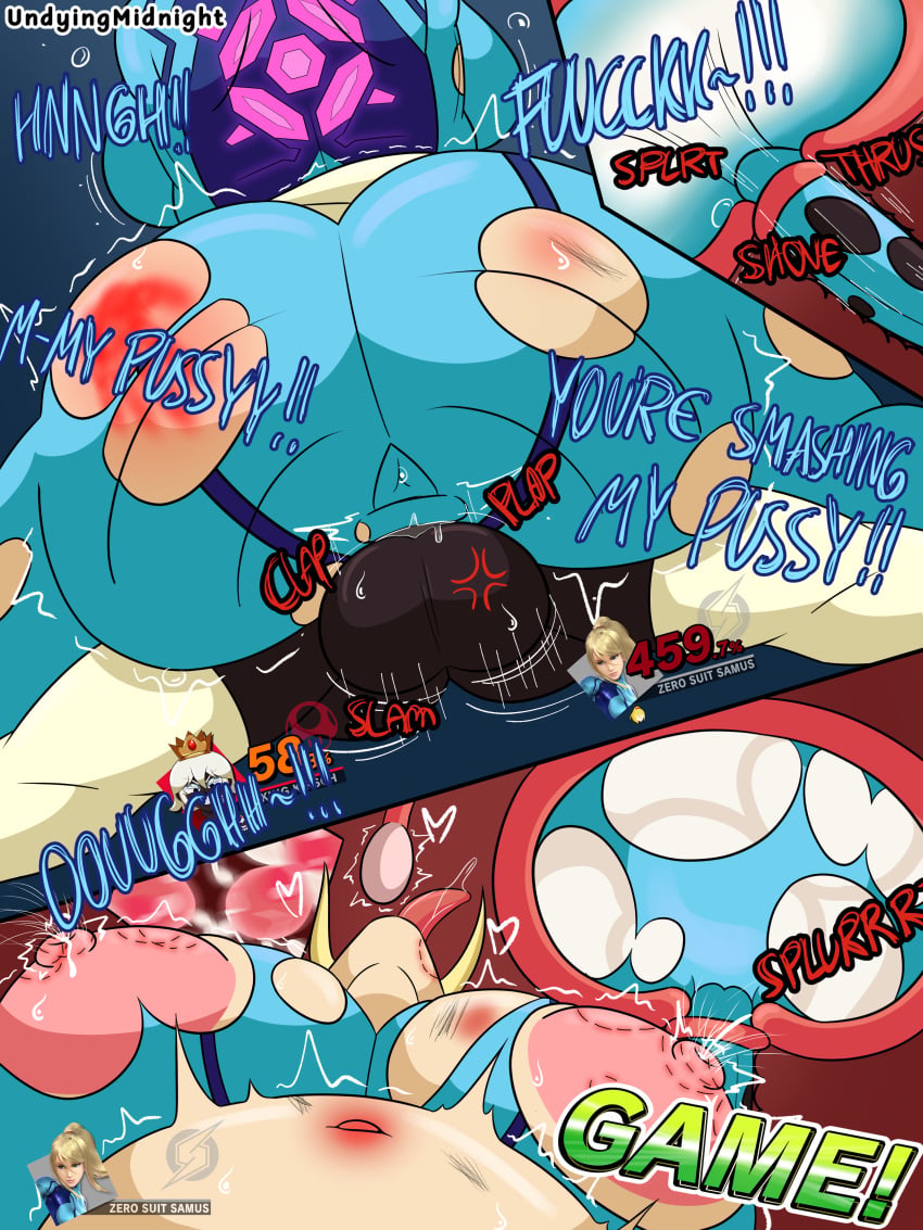 1boy 1girls big_ass big_breasts big_butt big_penis clothes_as_condom crown cum_in_uterus cum_inflation cumflated_belly cumflation dark-skinned_femboy dark-skinned_male dark_skin english_text eyeshadow femboy femboy_on_female femboydom gameplay_mechanics gloves huge_breasts impregnation king_kirsch_(midnightundying) mario_(series) metroid midnightundying_(artist) oc original_character samus_aran stirrup_legwear super_mario_bros. super_smash_bros. text thick_thighs thighhighs thighs through_clothes white_eyelashes white_hair