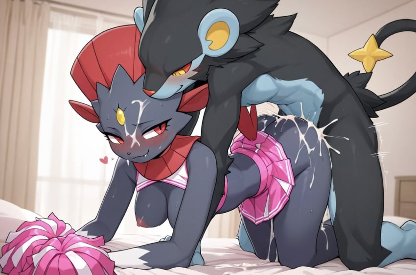 ai_generated cheerleader_uniform luxray pokemon_(species) presenting presenting_ass presenting_hindquarters presenting_pussy romantic romantic_ambiance seductive seductive_look seductive_smile weavile
