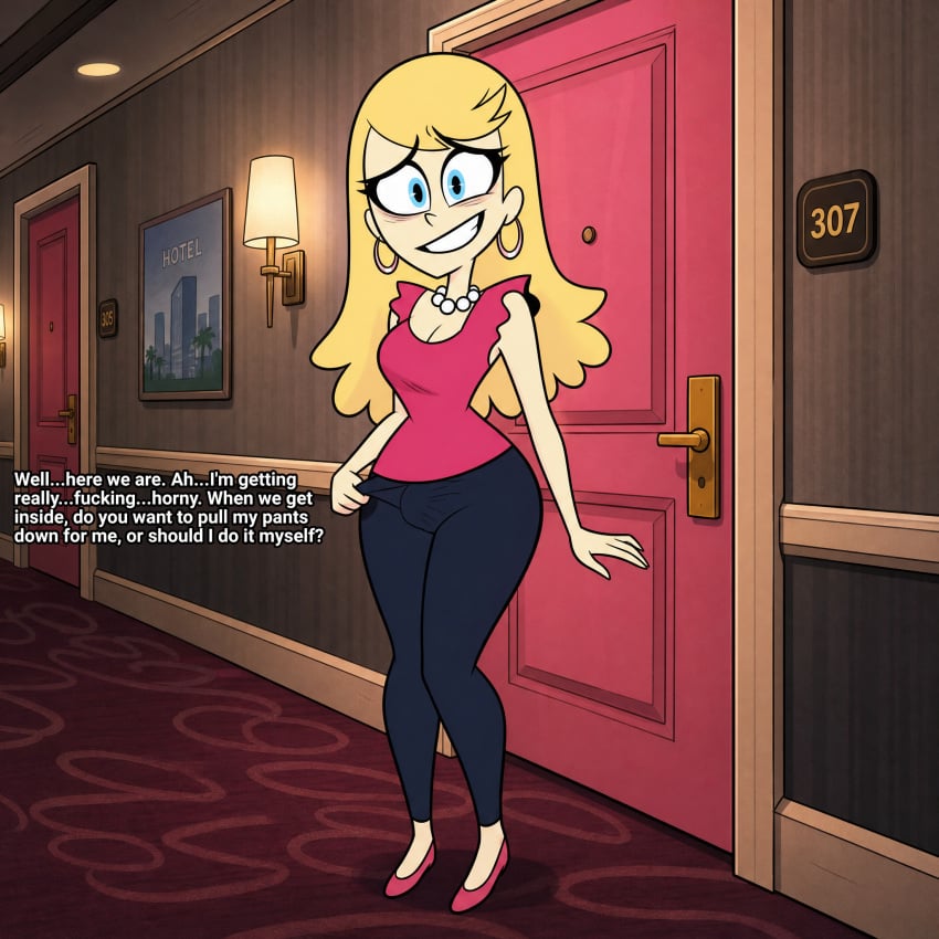 1girls accurate_art_style ai_generated eddie's_mom helluva_boss looking_at_viewer part_of_a_set solo talking_to_viewer text vivziepop