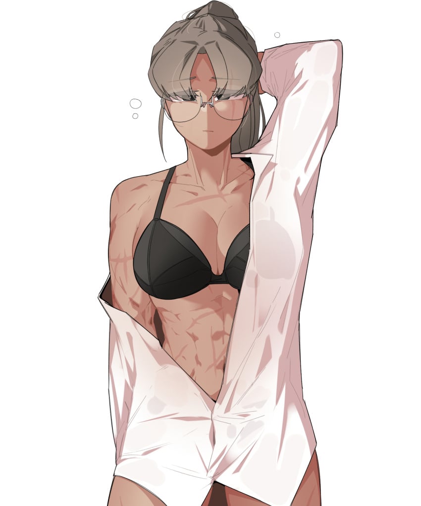 abs bra dark-skinned_female glasses grey_hair looking_at_viewer muscular_female oddsnail open_clothes ponytail pov scar see-through_clothing seo_miran tomboy