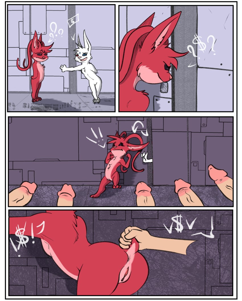 alien anthro border butt comic digital_media_(artwork) disembodied_hand erection evros fate_(zafara) featureless_chest feet female fingers fur genitals heterochromia hi_res holding_tail human humanoid_genitalia humanoid_penis imminent_sex mammal nude one_page_comic open_mouth penis prostitution smile tail toes vulva white_body white_border white_fur zafara_(artist)