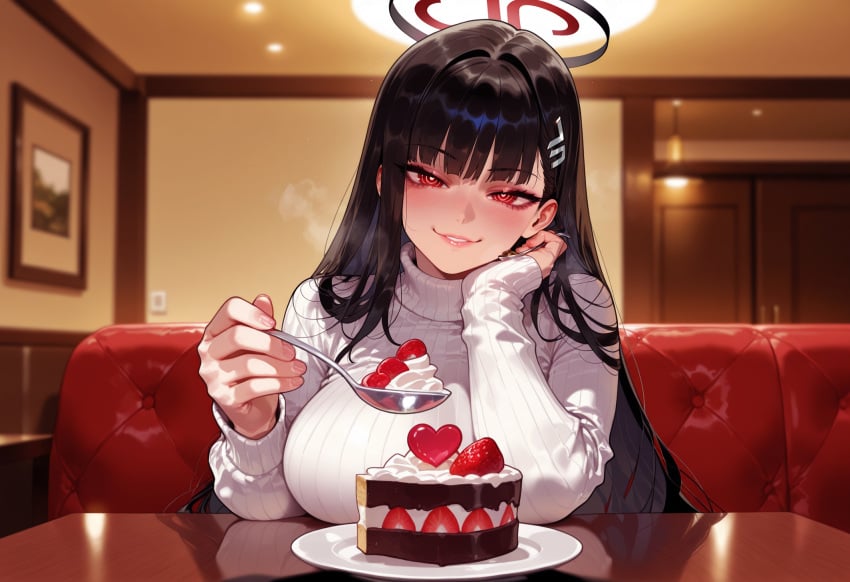1girl 1girls ai_generated balecxi bangs black_hair blue_archive blunt_bangs blush breast_rest breasts breasts_on_table bright_pupils cake cake_slice clothing couch curvaceous curvaceous_female curvaceous_figure curvy curvy_figure feeding female female_focus food fork fruit grin hair_ornament hairclip halo hand_on_own_face head_rest holding holding_fork holding_spoon incoming_food indoors large_breasts long_hair long_sleeves looking_at_viewer plate pov_across_table red_eyes restaurant ribbed_sweater rio_(blue_archive) sitting smile solo spoon strawberry sweater table tsukatsuki_rio turtleneck turtleneck_sweater upper_body very_long_hair voluptuous voluptuous_female white_pupils white_sweater wooden_table