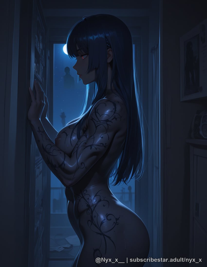 1girl ai_generated arm_tattoo bangs black_hair breasts completely_nude cowboy_shot from_side indoors large_breasts long_hair medium_breasts moon night night_sky nipples nude nyx_x questionable red_eyes solo tattoo watermark wet