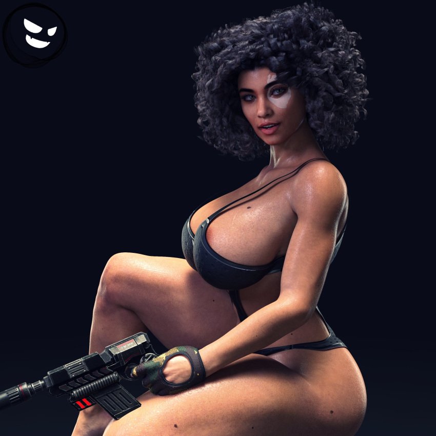 1girls 3d afro ass barely_contained big_ass big_breasts breasts bursting_breasts busty curvy dark-skinned_female deadpool deadpool_(film) deadpool_2 domino_(marvel) domino_(zazie_beetz) facepaint gm_studios huge_breasts looking_at_viewer marvel marvel_comics neena_thurman solo solo_female thick thick_thighs x-force zazie_beetz