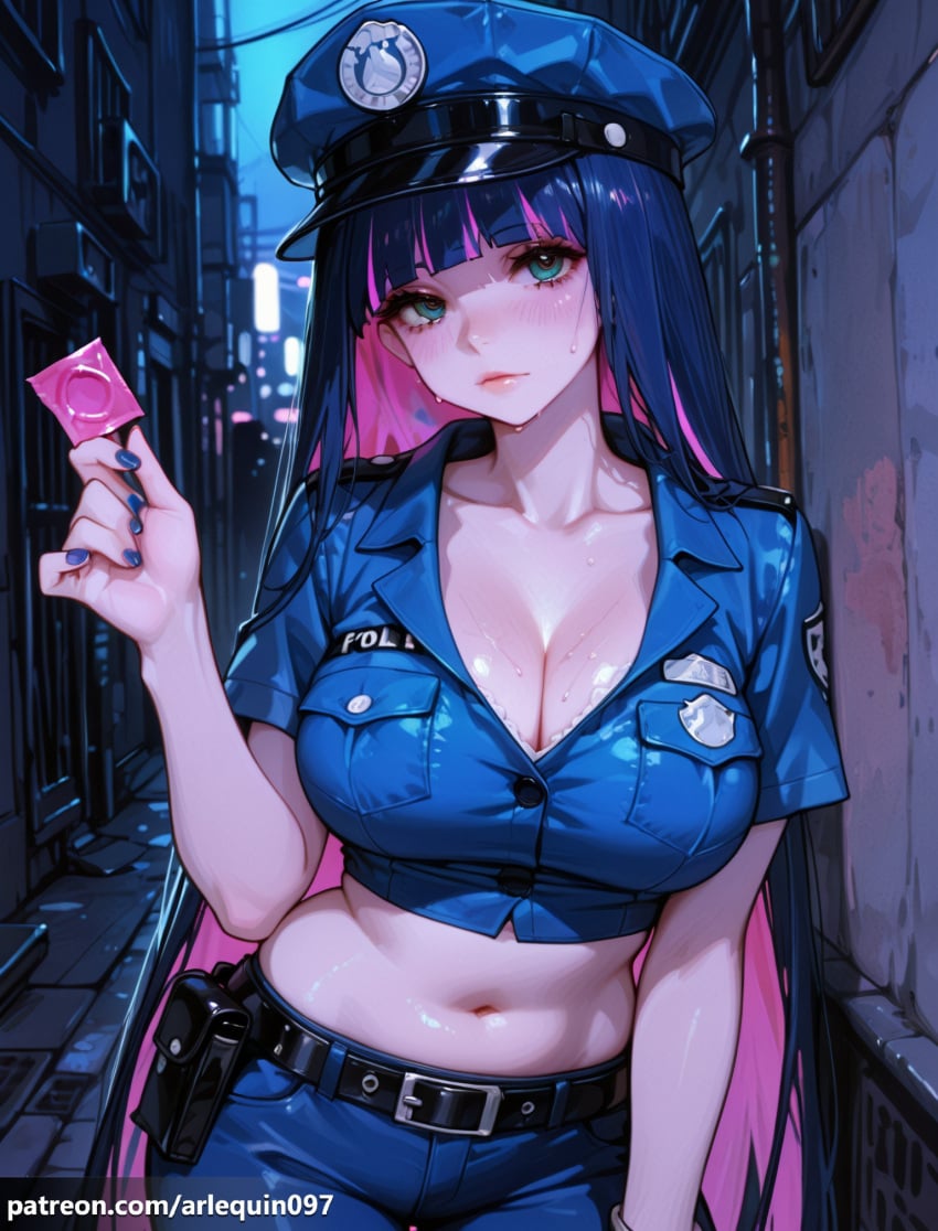 1girl ai_generated alley arlequin097 belt black_belt blue_eyes blue_hair blue_nails blue_pants blue_shirt blunt_bangs blush breasts cleavage closed_mouth collarbone colored_inner_hair condom condom_wrapper cowboy_shot crop_top cropped_shirt fingernails hat holding holding_condom large_breasts long_hair looking_at_viewer midriff multicolored_hair nail_polish navel night outdoors pants panty_&_stocking_with_garterbelt pink_hair pocket police police_hat police_uniform policeman policewoman shirt short_sleeves solo stocking_anarchy stomach sweat two-tone_hair uniform very_long_hair