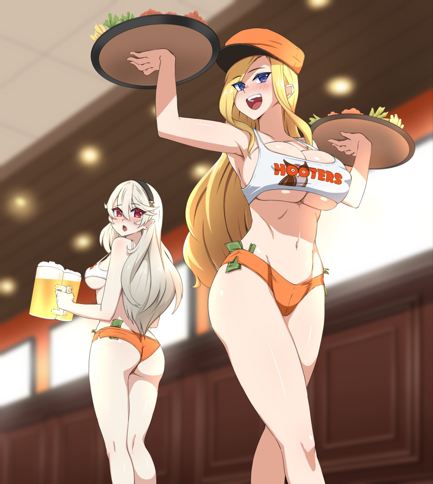 2girls alternate_costume ass between_breasts big_ass blonde_female blonde_hair blue_eyes breasts cleavage corrin_(fire_emblem) corrin_(fire_emblem)_(female) female female_only fight'n_rage fire_emblem fire_emblem_fates food grey_hair hooters hooters_uniform large_breasts long_hair looking_back medium_breasts money money_in_thong money_under_clothes multiple_girls nintendo nipples open_mouth oppaihobby red_eyes shorts smile tank_top tracy_(fight'n_rage) underboob very_long_hair waitress