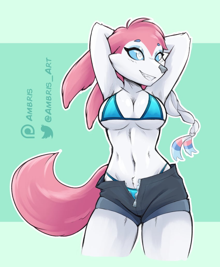 ambris anthro armpits big_breasts bikini breasts clothed eeveelution female midriff navel pokémon_(species) pokemon pokemon_(species) shorts solo sylveon tagme tail zipper zipper_pull_tab