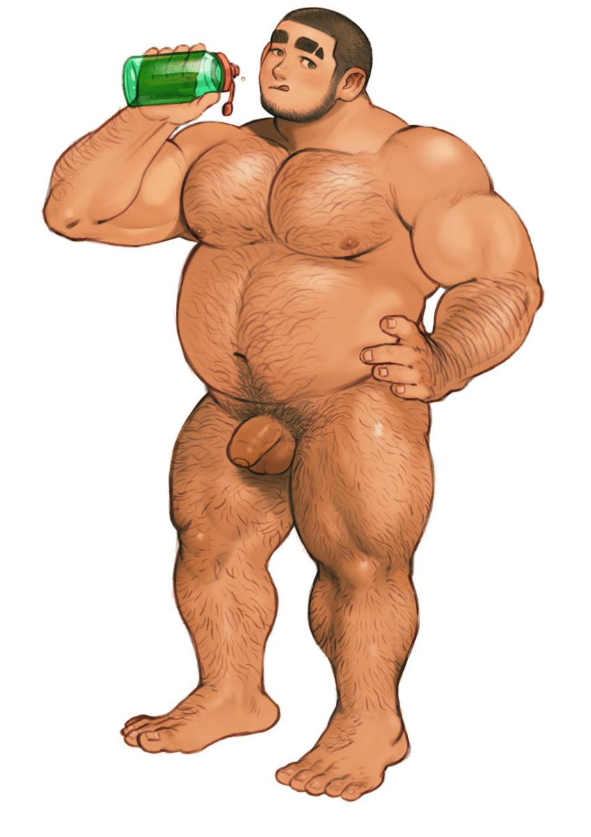 arm_hair balls beard blush brown_eyes brown_hair buzz_cut eyebrow_slits facial_hair fat fat_man foreskin hairy hairy_chest hairy_legs hairy_male hand_on_hip kumano_(shanshankuo) leg_hair male male_only musclegut muscular muscular_male nipples nude penis pubic_hair shanshankuo solo solo_male stomach_hair tallywhacker tongue tongue_out uncut water_bottle white_background