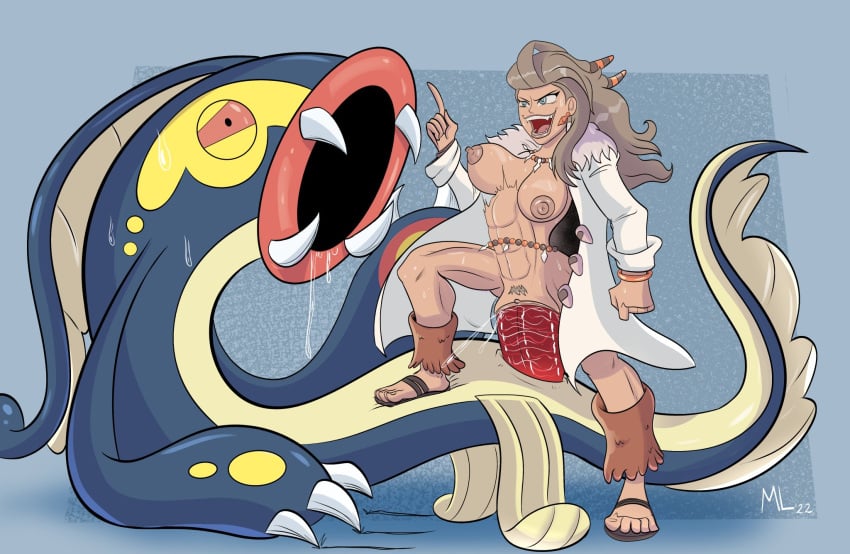 abs ameizing_lewds amogus artist_signature blue_eyes bracelet dirty_blonde_hair earrings eelektross fangs feet femdom foot_on_chest fur_collar hair labcoat large_breasts large_penis legwarmers legwear necklace open_labcoat open_mouth pokémon_(species) pokemon pokemon_sv pokephilia professor_sada_(pokemon) pubic_hair red_eyes riding riding_penis sandals stepped_on stomach_bulge sweat tail teeth thick_thighs