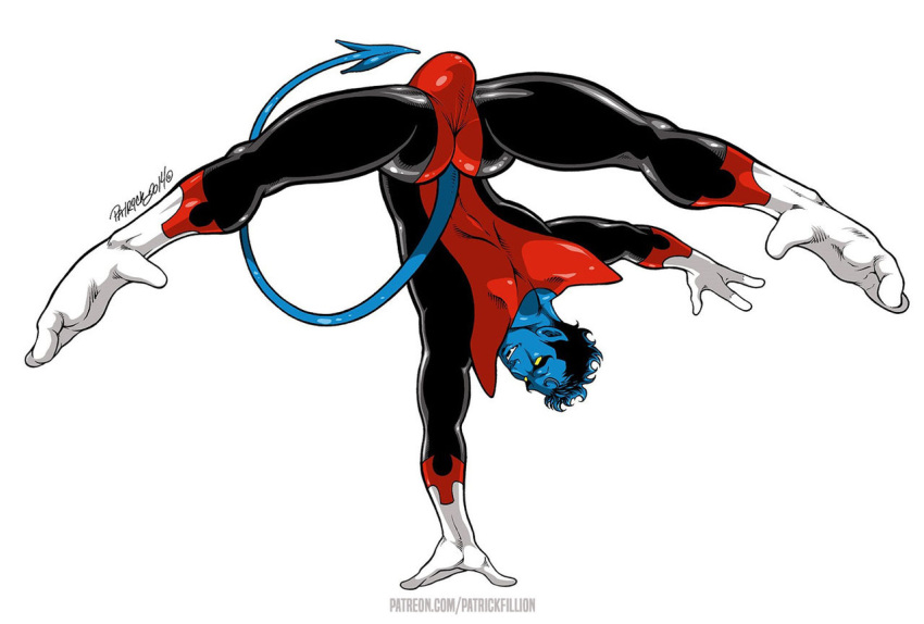 1boy ass blue_skin fully_clothed kurt_wagner male male_focus male_only marvel marvel_comics nightcrawler patrick_fillion skin_tight solo tail three_fingers uncensored upside-down white_background x-men yaoi yellow_eyes