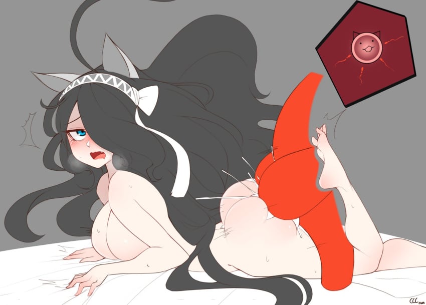 1boy 1boy1girl 1girls ahe_gao anteater big_ass big_breasts black_hair blue_eyes blush cat_ears cow_coconut cum cum_in_pussy cum_inside feet headband impregnation kasli_the_scourge laying_down laying_on_stomach looking_back messy_hair nude ovum pale-skinned_female professor_a_(the_battle_cats) sex tear tears the_battle_cats vaginal_penetration zoophilia