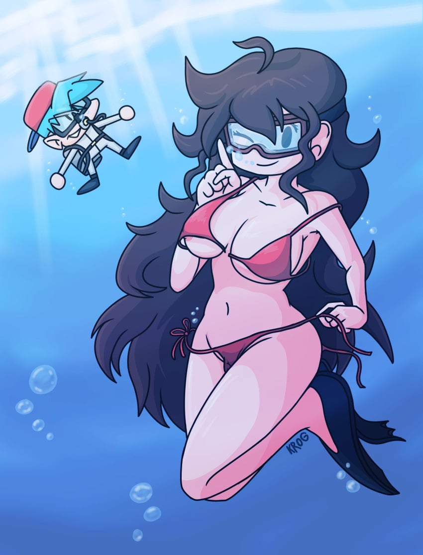 1boy1girl 1girls 2022 areola areolae blue_hair boyfriend_(friday_night_funkin) bra breasts brown_hair female friday_night_funkin girlfriend_(friday_night_funkin) goggles itsyaboi_kroggu long_hair male navel nipple_slip nipples panties scuba swimming_fins underwater