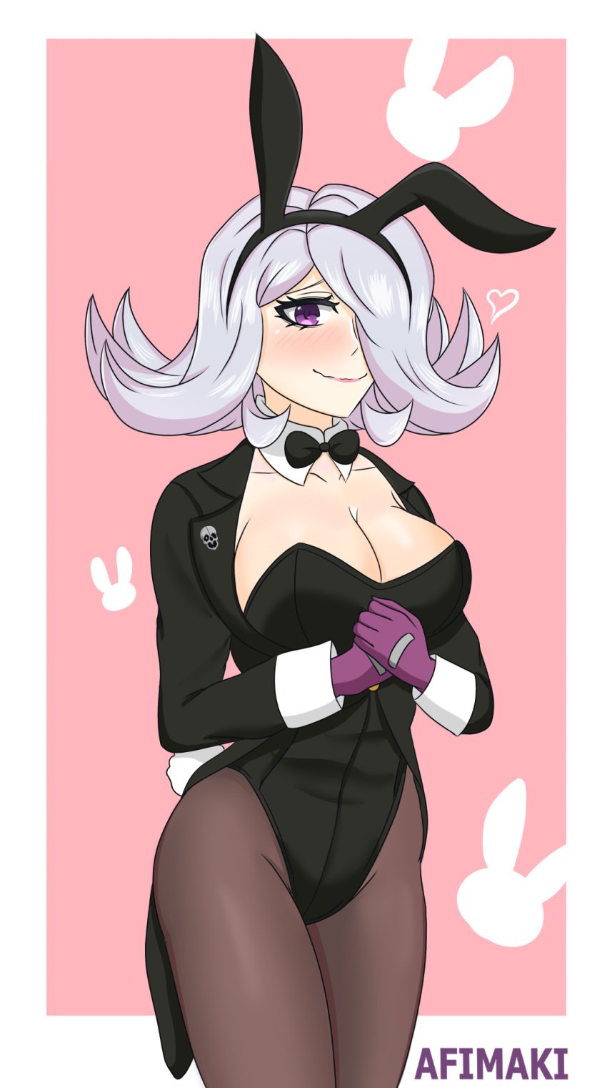 afimaki blush breasts bunny_ears bunny_girl bunnysuit cleavage danganronpa danganronpa_3 kimura_seiko large_breasts smooth_skin tights