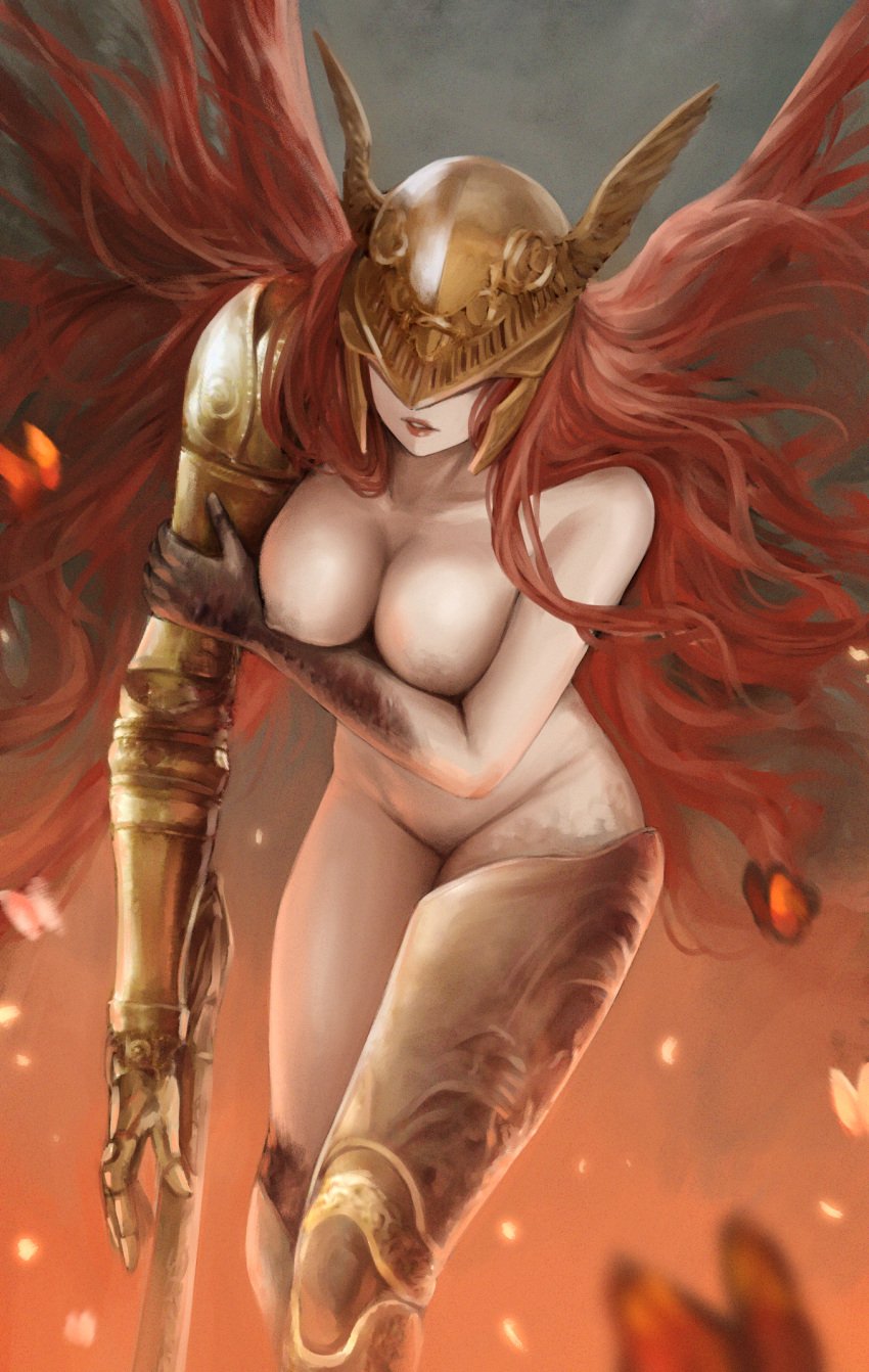 1girls armor covered_nipples covering_breasts elden_ring empyrean female female_only fromsoftware goddess kuronerinka light-skinned_female malenia_blade_of_miquella nude nude_female painting_(artwork) prosthetic_arm