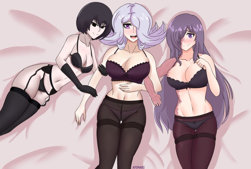 afimaki alternate_version_available blush bra breasts burn_scar cleavage danganronpa danganronpa_3 ikezawa_hanako katawa_shoujo kimura_seiko large_breasts lingerie lingerie_only monogatari_(series) multiple_girls oshino_ougi scar straight_hair thighhighs tights underwear underwear_only