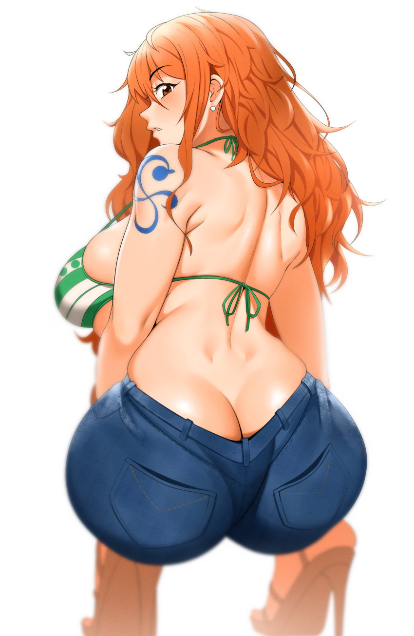 1girls 2022 ass ass_cleavage backboob bikini bikini_top breasts brown_eyes butt_crack denim female female_only hi_res huge_ass huge_breasts jeans kevbot large_ass light-skinned_female light_skin long_hair looking_at_viewer nami nami_(one_piece) one_piece orange_hair pale-skinned_female pale_skin post-timeskip shoulder_tattoo sideboob simple_background squatting tattoo white_background