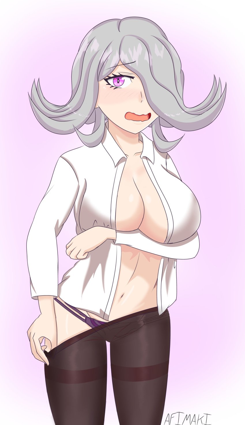 afimaki alternate_version_available blush breasts caught caught_undressing cleavage danganronpa danganronpa_3 kimura_seiko large_breasts no_bra open_clothes smooth_skin underwear undressing