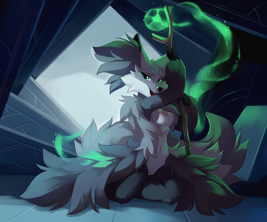 absurd_res anthro areola breasts delphox detailed_background dream_weaver_pony female flare_the_delphox fluffy fluffy_tail fur genitals green_eyes grey_body grey_fur hi_res magic markings nintendo nipples pokémon_(species) pokemon pussy slit smile solo video_games white_body white_fur