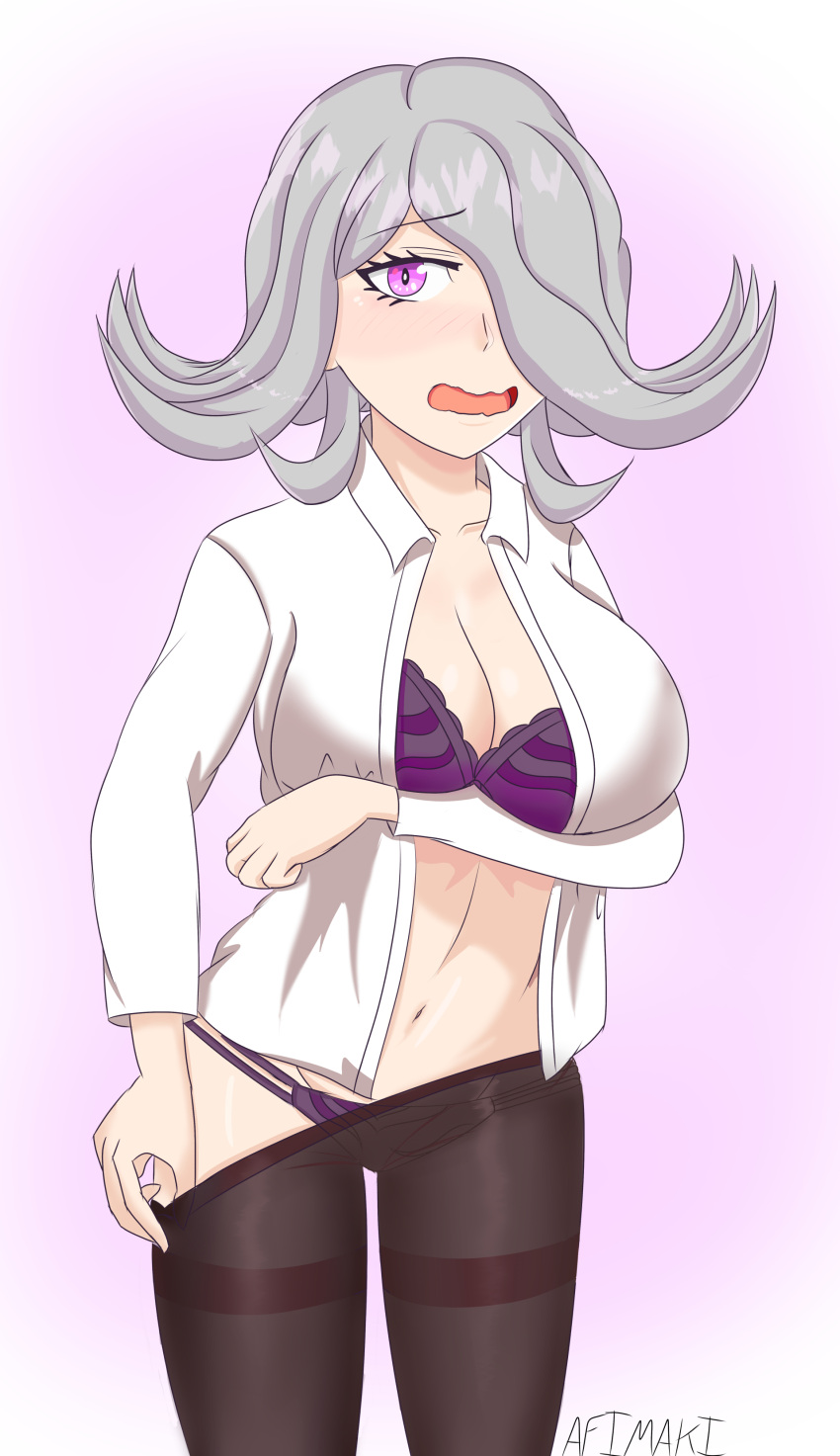 afimaki alternate_version_available blush bra breasts caught caught_undressing cleavage danganronpa danganronpa_3 kimura_seiko large_breasts open_clothes smooth_skin underwear undressing