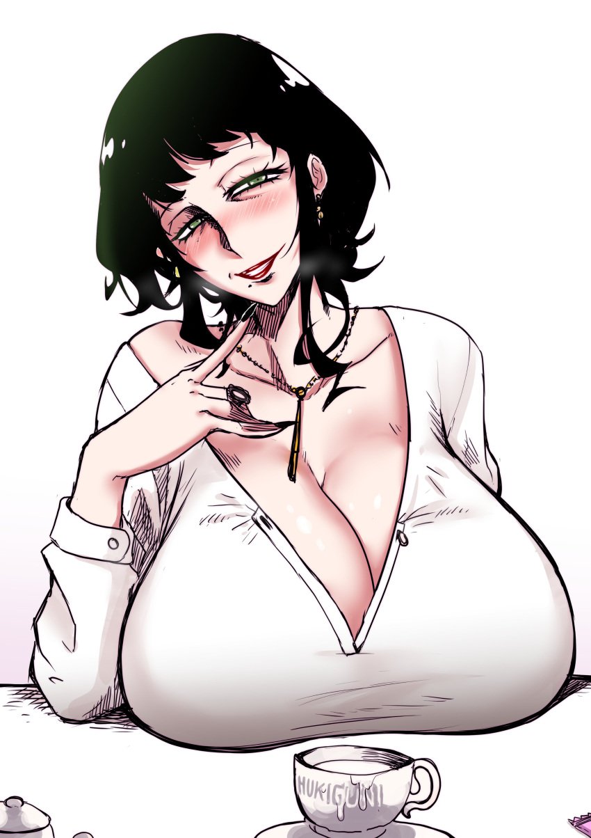 1girls big_breasts black_hair breasts breasts_bigger_than_head cleavage eye_contact female female_focus female_only green_eyes huge_breasts hukiguni large_breasts looking_at_viewer mature_female melinda_desmond milf mother short_hair smile solo spy_x_family upper_body