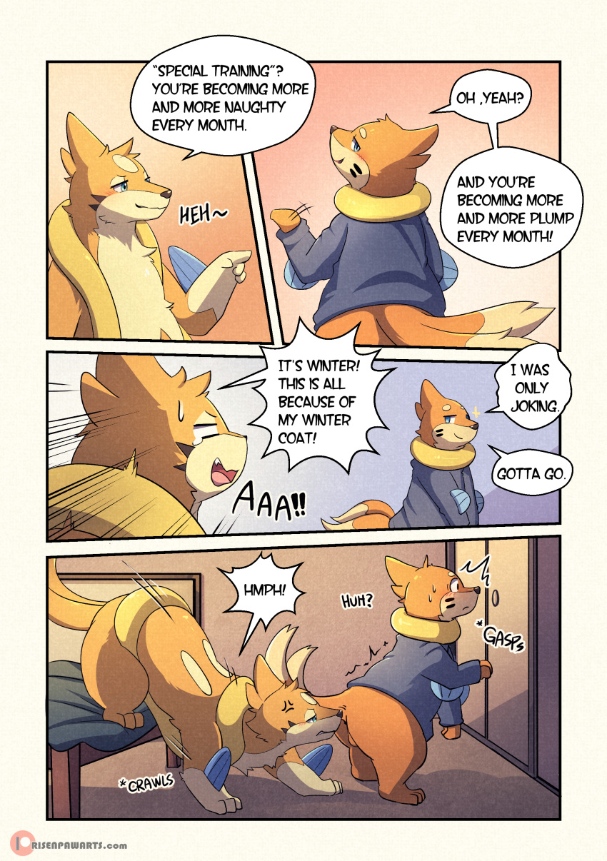 absurd_res all_fours animal_genitalia balls blue_eyes blush buizel clothing comic duo english_text fin floatzel fluffy gay genitals hi_res lester_(risenpaw) male male/male male_only ness_(risenpaw) nintendo orange_body pokémon_(species) pokemon raised_tail risenpaw romantic romantic_couple smile sniffing text tongue video_games yaoi