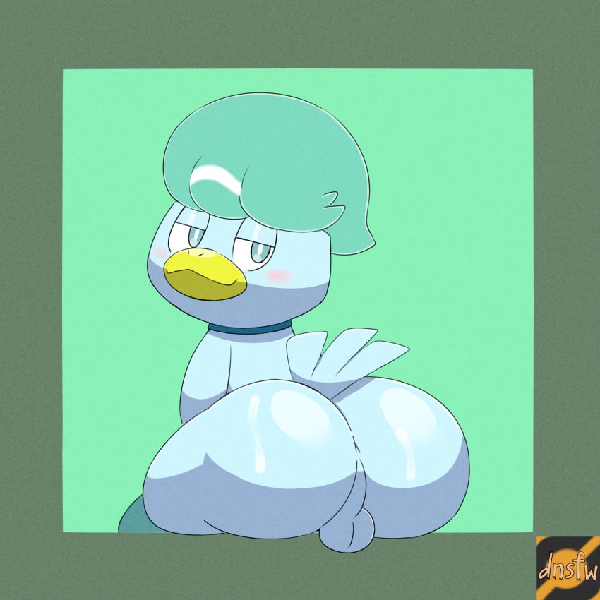 2022 anatid anseriform anthro anus ass avian balls beak big_butt bird blue_body blush bodily_fluids cum cum_on_butt darknsfwindie digital_media_(artwork) duck fan_character feathers genital_fluids genitals half-closed_eyes hi_res looking_back male narrowed_eyes nintendo pokémon_(species) pokemon pokemon_sv quaxly roy_the_quaxly solo tail_feathers video_games